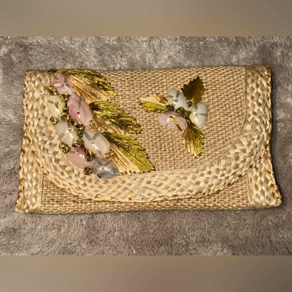 Vintage Handmade Embroidered Straw Clutch
